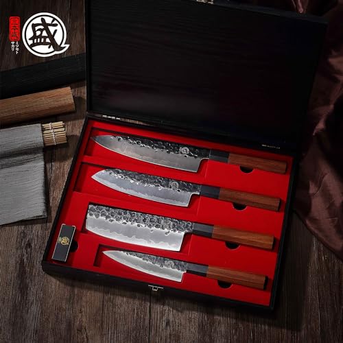 MITSUMOTO SAKARI Japanese Chefs Knife Set 4 Pcs  Professional Hand Forged Kitchen Chef Knife Set  High Carbon Ultra Sharp Cooking Chefs Knife Set  Rosewood Handle & Sandalwood Box