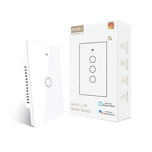 MOES 2 4GHz WiFi Wall Touch Smart Switch Neutral Wire Required  3 Way Multi Control  Glass Panel Light Switch Work with Smart Life/Tuya App  RF433 Remote Control  Alexa and Google Home White 1 Gang