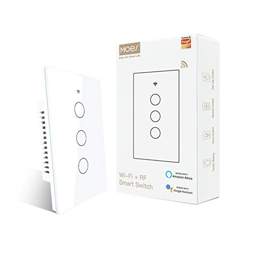 MOES 2 4GHz WiFi Wall Touch Smart Switch Neutral Wire Required  3 Way Multi Control  Glass Panel Light Switch Work with Smart Life/Tuya App  RF433 Remote Control  Alexa and Google Home White 1 Gang