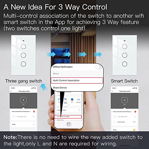 MOES 2 4GHz WiFi Wall Touch Smart Switch Neutral Wire Required  3 Way Multi Control  Glass Panel Light Switch Work with Smart Life/Tuya App  RF433 Remote Control  Alexa and Google Home White 1 Gang