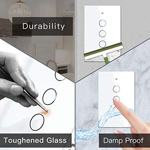 MOES 2 4GHz WiFi Wall Touch Smart Switch Neutral Wire Required  3 Way Multi Control  Glass Panel Light Switch Work with Smart Life/Tuya App  RF433 Remote Control  Alexa and Google Home White 1 Gang