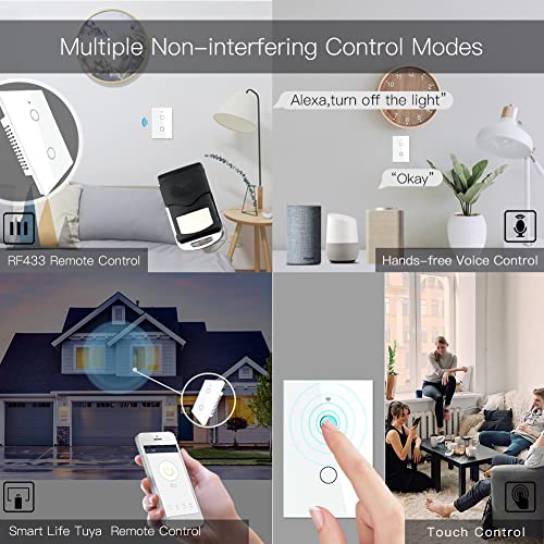 MOES 2 4GHz WiFi Wall Touch Smart Switch Neutral Wire Required  3 Way Multi Control  Glass Panel Light Switch Work with Smart Life/Tuya App  RF433 Remote Control  Alexa and Google Home White 1 Gang