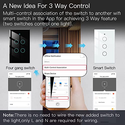 MOES 2 4GHz WiFi Wall Touch Smart Switch Neutral Wire Required  3 Way Multi Control  Glass Panel Light Switch Work with Smart Life/Tuya App  RF433 Remote Control  Alexa and Google Home White 1 Gang