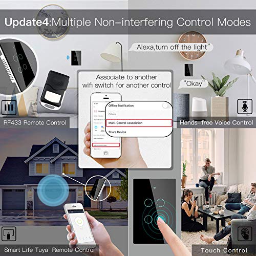 MOES 2 4GHz WiFi Wall Touch Smart Switch Neutral Wire Required  3 Way Multi Control  Glass Panel Light Switch Work with Smart Life/Tuya App  RF433 Remote Control  Alexa and Google Home White 1 Gang