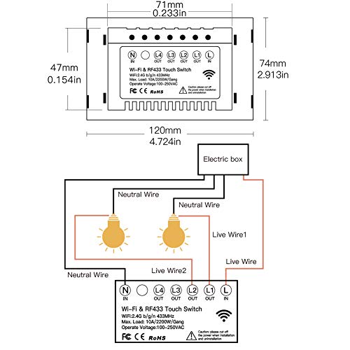 MOES 2 4GHz WiFi Wall Touch Smart Switch Neutral Wire Required  3 Way Multi Control  Glass Panel Light Switch Work with Smart Life/Tuya App  RF433 Remote Control  Alexa and Google Home White 1 Gang