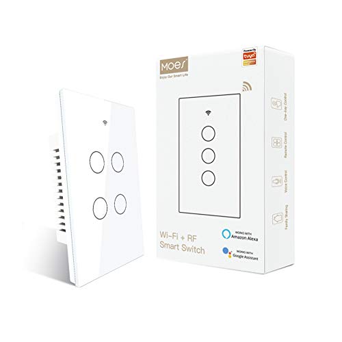 MOES 2 4GHz WiFi Wall Touch Smart Switch Neutral Wire Required  3 Way Multi Control  Glass Panel Light Switch Work with Smart Life/Tuya App  RF433 Remote Control  Alexa and Google Home White 1 Gang