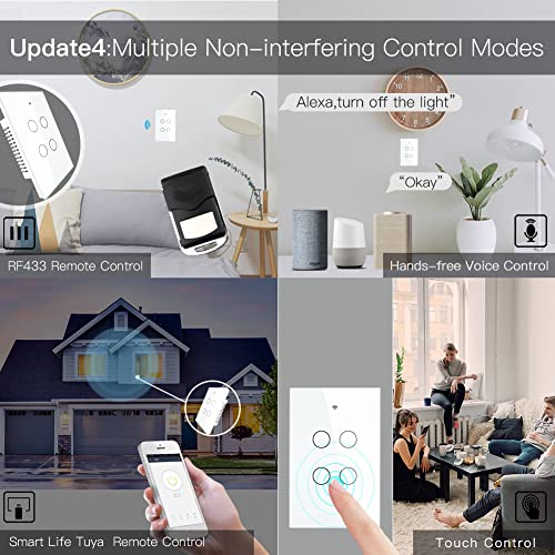 MOES 2 4GHz WiFi Wall Touch Smart Switch Neutral Wire Required  3 Way Multi Control  Glass Panel Light Switch Work with Smart Life/Tuya App  RF433 Remote Control  Alexa and Google Home White 1 Gang