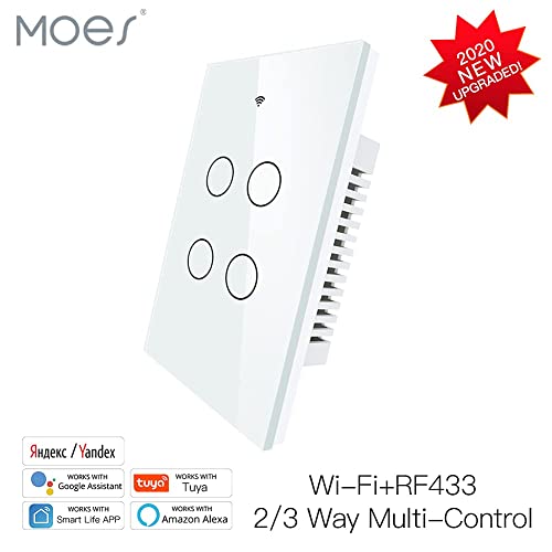 MOES 2 4GHz WiFi Wall Touch Smart Switch Neutral Wire Required  3 Way Multi Control  Glass Panel Light Switch Work with Smart Life/Tuya App  RF433 Remote Control  Alexa and Google Home White 1 Gang