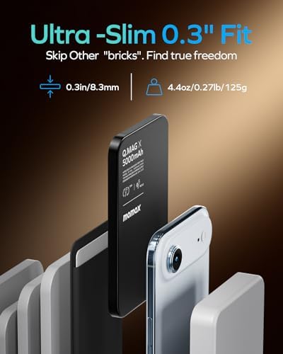MOMAX Magnetic Wireless Power Bank 5000mAh  Ultra Slim 0 3 MagSafe Compatible Portable Charger  20W USB C PD Fast Charging  for iPhone 17/16/15/14/13/12 Series  Samsung Galaxy & Google Pixel