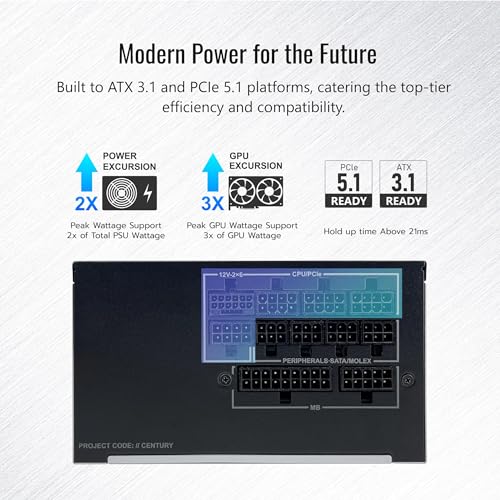 MONTECH Century II - Fuente de alimentación para juegos ATX de gama alta de 850 W - 80 Plus Gold & Cybenetics Platinum - Totalmente modular - Listo para ATX 3.1 y PCIe 5.1 con cable de 12 V-2x6