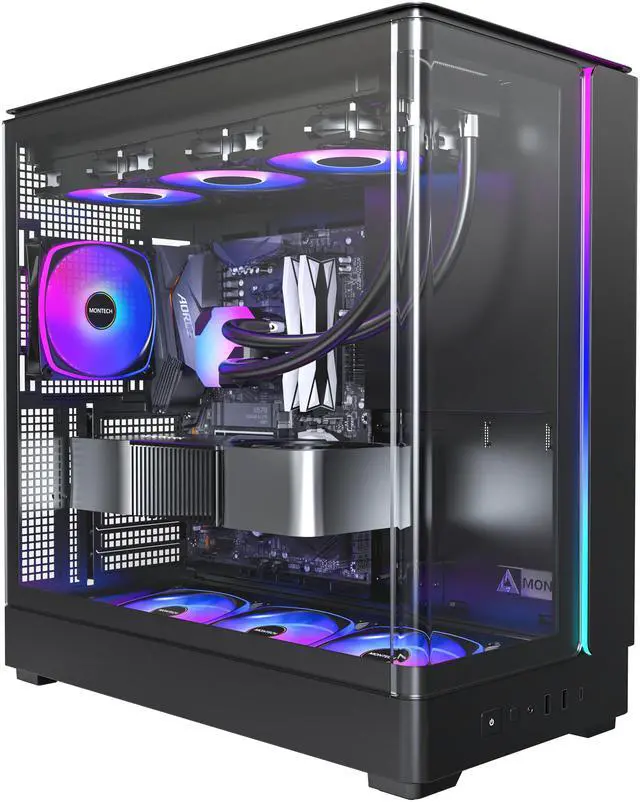 MONTECH KING 45 PRO ATX PC Case  Curved Panoramic Glass  Chimney Airflow  360mm Radiator Support  Compact Build for High Performance Systems  4 ARGB PWM Fan Pre Installed with Fan Hub  Black