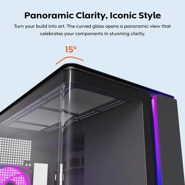 MONTECH KING 45 PRO ATX PC Case  Curved Panoramic Glass  Chimney Airflow  360mm Radiator Support  Compact Build for High Performance Systems  4 ARGB PWM Fan Pre Installed with Fan Hub  Black