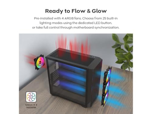 MONTECH X5M   Micro ATX Gaming PC Case  High Airflow  4x120mm ARGB Fans Pre Installed  Glass Side Panel  Carbon Fiber Print Accents  Black