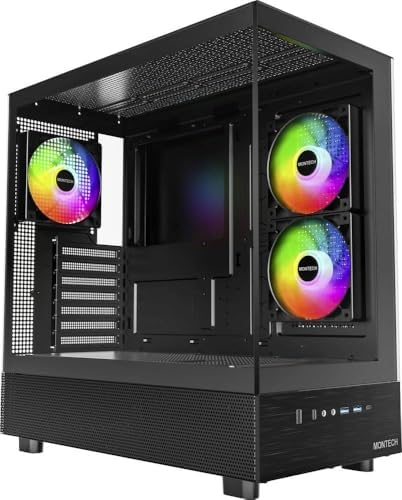 MONTECH XR B  ATX Mid Tower PC Gaming Case  3x120mm ARGB PWM Fans Pre Installed  Full View Dual Tempered Glass Panel  Wood Grain Design I/O Interface  Support 4090 GPUs  360mm Radiator Support  Black