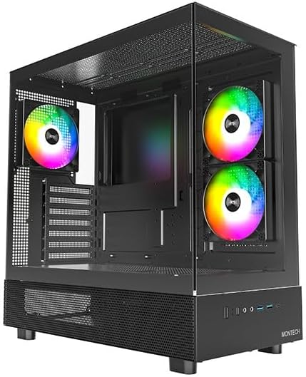 MONTECH XR B  ATX Mid Tower PC Gaming Case  3x120mm ARGB PWM Fans Pre Installed  Full View Dual Tempered Glass Panel  Wood Grain Design I/O Interface  Support 4090 GPUs  360mm Radiator Support  Black