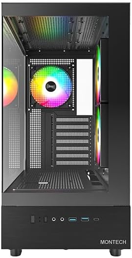 MONTECH XR B  ATX Mid Tower PC Gaming Case  3x120mm ARGB PWM Fans Pre Installed  Full View Dual Tempered Glass Panel  Wood Grain Design I/O Interface  Support 4090 GPUs  360mm Radiator Support  Black