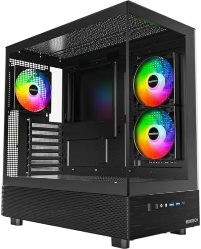 MONTECH XR B  ATX Mid Tower PC Gaming Case  3x120mm ARGB PWM Fans Pre Installed  Full View Dual Tempered Glass Panel  Wood Grain Design I/O Interface  4090 GPUs  360mm Radiator Support  Black