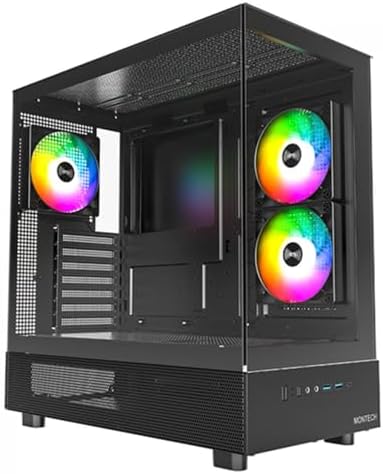 MONTECH XR B  ATX Mid Tower PC Gaming Case  3x120mm ARGB PWM Fans Pre Installed  Full View Dual Tempered Glass Panel  Wood Grain Design I/O Interface  4090 GPUs  360mm Radiator Support  Black