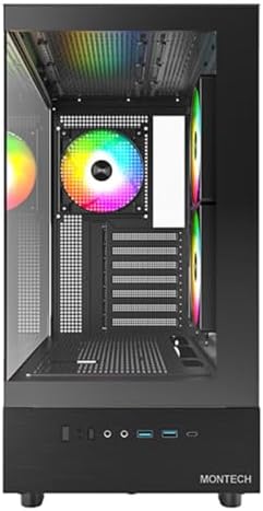 MONTECH XR B  ATX Mid Tower PC Gaming Case  3x120mm ARGB PWM Fans Pre Installed  Full View Dual Tempered Glass Panel  Wood Grain Design I/O Interface  4090 GPUs  360mm Radiator Support  Black
