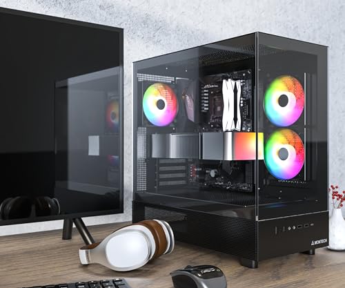 MONTECH XR  ATX Mid Tower PC Gaming Case  3 x 120mm ARGB PWM Fans Pre Installed  Full View Dual Tempered Glass Panel  Wood Grain Design I/O Interface  Support 4090 GPUs  360mm Radiator Support  Black