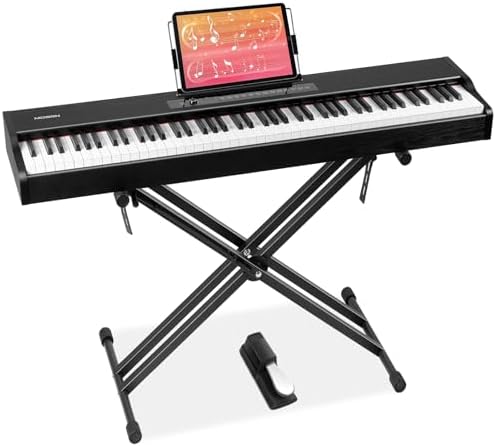 MOSEN Digital Piano 88 Key Weighted Keyboard with Hammer Action  Portable Electric Piano Set with X Stand  Recording Headphone Mode  Sustain Pedal  Music Rest  Dual Keyboard for Beginner  MDP 80D