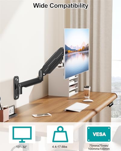 MOUNT PRO Single Monitor Wall Mount for 13 to 32 Inch Computer Screens  Gas Spring Monitor Arm Holds Up to 17 6lbs  Full Motion Adjustable Wall Bracket  VESA Mount 75x75  100x100  Black