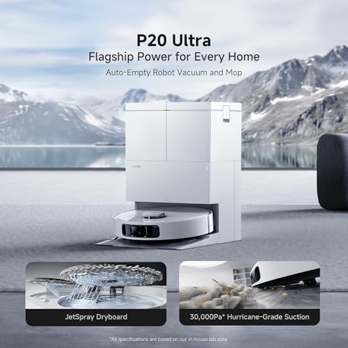 MOVA P20 Ultra Robot Vacuum and Mop  30 000Pa Suction  MopExtend Edge Cleaning  All in One Dock with 145 F Mop Auto Drying  100 Days Auto Empty  Liftable Spinning Mop for Carpet  Hard Floors  Pet Hair