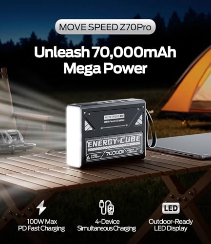 MOVE SPEED Power Bank 70 000mAh 100W  High Capacity Laptop Portable Charger  Fast Charging USB C Battery Pack with Flash Light  Outdoor External Battery Bank for iPhone  iPad  Camping Travel