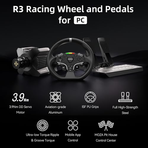 MOZA R3 Racing Simulator 4PCS Wheel & Pedals bundle for PC  R3 Direct Drive Base  ES Lite Steering Wheel  SR P Lite Pedals and Table Clamp  Black