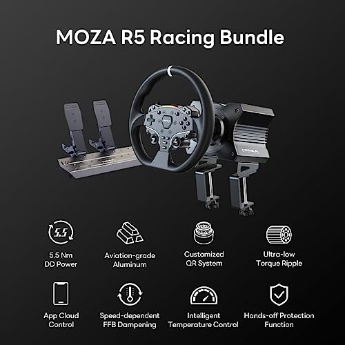 MOZA R5 All in One PC Gaming Racing Simulator  5 5Nm Direct Drive Wheel Base  11 inch Racing Wheel  Anti Slip Pedals and a Desk Clamp  Cloud based App Control