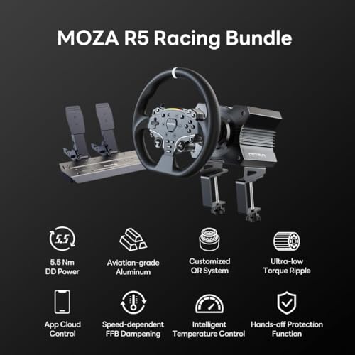 MOZA R5 All in One PC Gaming Racing Simulator  5 5Nm Direct Drive Wheel Base  11 inch Racing Wheel  Anti Slip Pedals and a Desk Clamp  Cloud based App Control