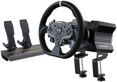 MOZA R5 Bundle Kit Racing Gaming Simulator 5 5Nm Direct Drive Wheelbase Unbeatable Rigid & Durable 11 Inch ES Racing Wheel SR P Lite Dual Pedal and Desk Clamp for Experienced Enthusiasts