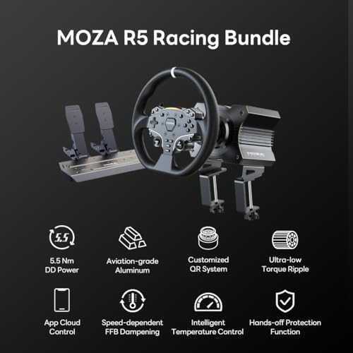 MOZA R5 Bundle Kit Racing Gaming Simulator 5 5Nm Direct Drive Wheelbase Unbeatable Rigid & Durable 11 Inch ES Racing Wheel SR P Lite Dual Pedal and Desk Clamp for Experienced Enthusiasts
