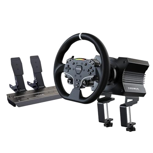 MOZA R5 Wheel and Pedals Kit Racing Simulator 5 5Nm Direct Drive Wheelbase Unbeatable Rigid & Durable 11 Inch ES Racing Wheel SR P Lite Dual Pedal and Desk Clamp All in One