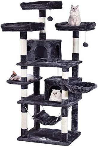 MQ Multi Level Cat Tree  Activity Centre Cat Tower Furniture with Sisal Covered Scratching Posts  3 Padded Plush Perches  Dual Condo & Basket  Removable Hammock  for Large Cats  Grey