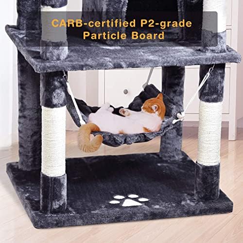 MQ Multi Level Cat Tree  Activity Centre Cat Tower Furniture with Sisal Covered Scratching Posts  3 Padded Plush Perches  Dual Condo & Basket  Removable Hammock  for Large Cats  Grey