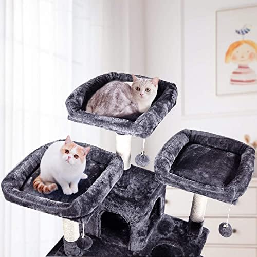 MQ Multi Level Cat Tree  Activity Centre Cat Tower Furniture with Sisal Covered Scratching Posts  3 Padded Plush Perches  Dual Condo & Basket  Removable Hammock  for Large Cats  Grey