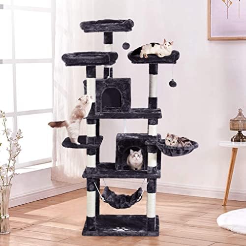 MQ Multi Level Cat Tree  Activity Centre Cat Tower Furniture with Sisal Covered Scratching Posts  3 Padded Plush Perches  Dual Condo & Basket  Removable Hammock  for Large Cats  Grey