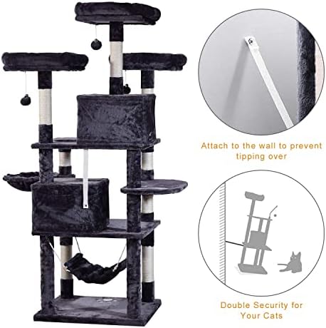 MQ Multi Level Cat Tree  Activity Centre Cat Tower Furniture with Sisal Covered Scratching Posts  3 Padded Plush Perches  Dual Condo & Basket  Removable Hammock  for Large Cats  Grey
