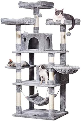 MQ Multi Level Cat Tree  Activity Centre Cat Tower Furniture with Sisal Covered Scratching Posts  3 Padded Plush Perches  Dual Condo & Basket  Removable Hammock  for Large Cats  Grey