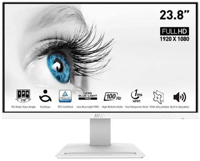 MSI 24" 100 Hz IPS FHD Gaming Monitor 1ms  MPRT  / 4ms  GTG  119  sRGB  CIE 1976  Flat Panel Pro MP243XW  Low blue light  Built in speakers  White