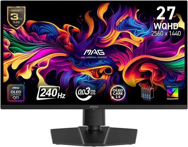 MSI 27" QHD 2K 1440P 240Hz with Adaptive Sync 0 03ms HDR400 OLED Gaming Computer Monitor with Height Adjustable  Swivel  Pivot & Tilt stand MAG271QP QD OLED X24