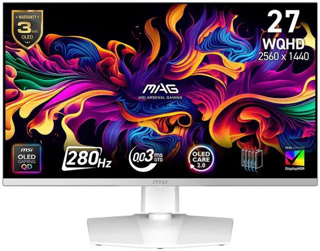 MSI 27" QHD 2K 1440P 280Hz with FreeSync Premium Pro & G Sync Compatible 0 03ms HDR400 USB C White OLED Gaming Computer Monitor with Height Adjustable  Swivel  Pivot & Tilt stand MAG272QPW QD OLED X28