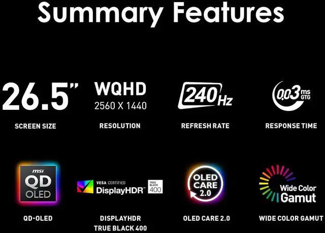 MSI 27"  26 5" Viewable  240 Hz QD OLED WQHD Gaming Monitor AMD Adaptive Sync MAG 273QP QD OLED X24 QD OLED  Game Assistance  QD OLED  Game Assistance