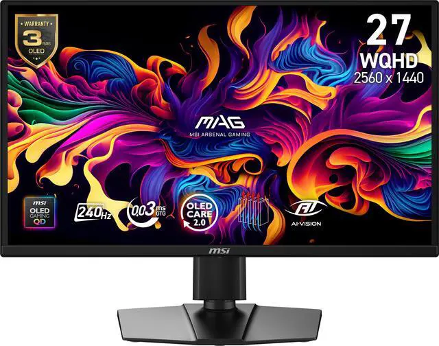 MSI 27 inch QHD 2K 1440P 240Hz AMD FreeSync Premium Pro & G Sync Compatible 0 03ms OLED Gaming Computer Monitor with Height Adjustable  Pivot  Swivel & Tilt stand MAG 272QP QD OLED X24