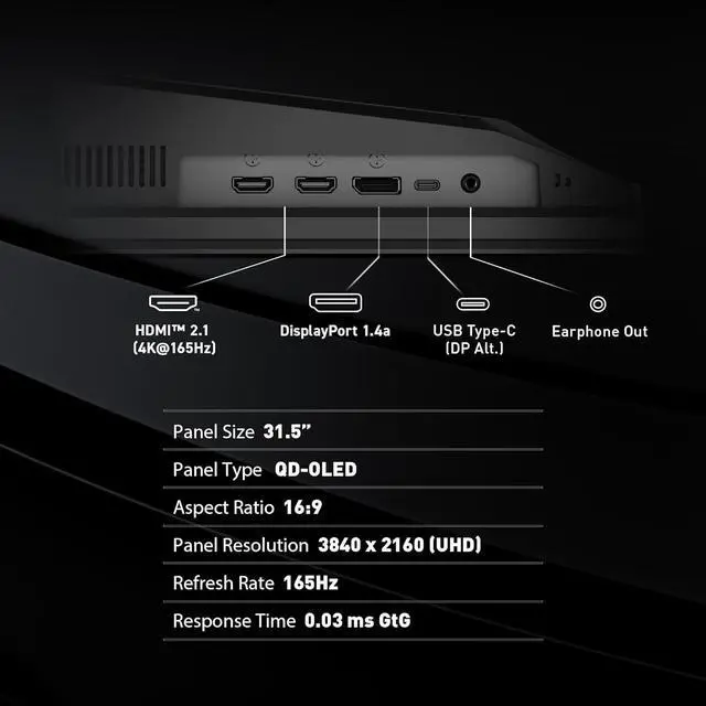 MSI 32"  31 5" viewable  UHD 4K 165Hz with AMD FreeSync Premium Pro 0 03ms HDR400 USB C OLED Gaming Computer Monitor with Height Adjustable  Pivot  Swivel & Tilt stand MAG 321UP QD OLED
