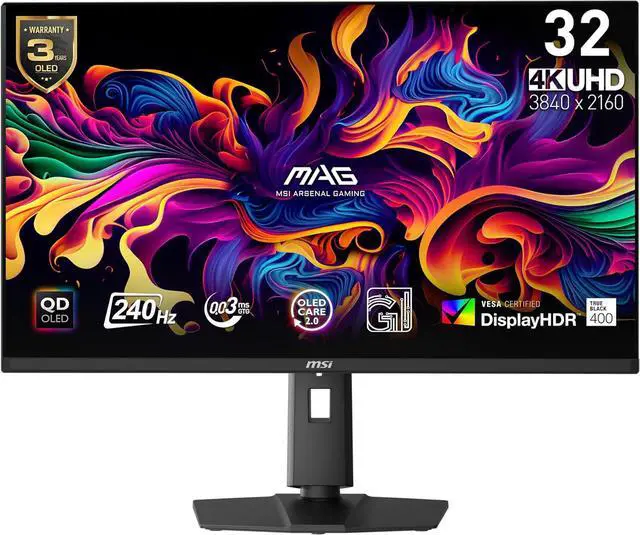 MSI 32 inch UHD 4K 240Hz AMD FreeSync Premium 0 03ms HDR400 OLED Gaming Computer Monitor with Height Adjustable  Swivel  Pivot & Tilt stand MAG 321UPX QD OLED