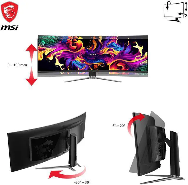 MSI 49" DQHD 2K 1440P 144Hz Adaptive Sync 0 03ms HDR400 DCI P3 99  USB C VRR KVM OLED 1800R Curved Gaming Computer Monitor with Height Adjustable  Swivel & Tilt stand MPG 491CQP QD OLED