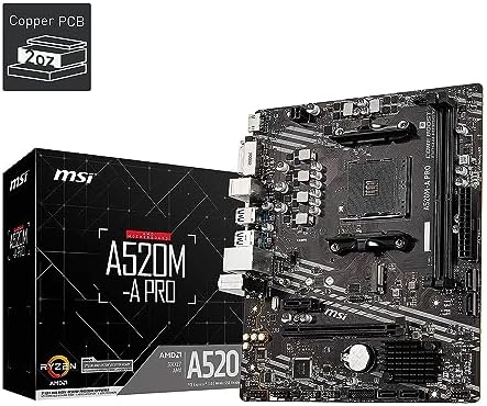 MSI A520M A PRO Gaming Motherboard  AMD Ryzen 5000  AM4  DDR4  PCIe 3 0  SATA 6Gb/s  M 2  USB 3 2 Gen 1  DVI/HDMI  Micro ATX 