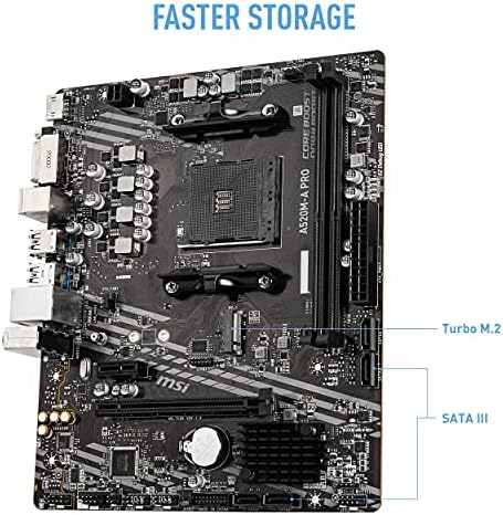 MSI A520M A PRO Gaming Motherboard  AMD Ryzen 5000  AM4  DDR4  PCIe 3 0  SATA 6Gb/s  M 2  USB 3 2 Gen 1  DVI/HDMI  Micro ATX 